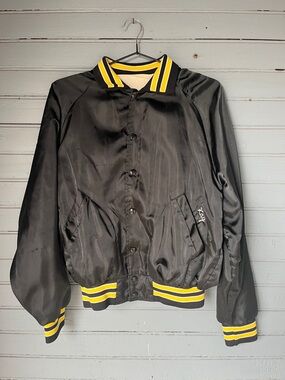 80’s Satin Black Bomber Jacket with Yellow Stripe Trim